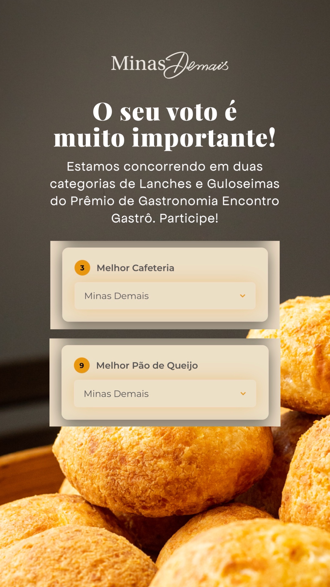 Minas Demais no Prêmio Encontro Gastrô 2026 — Melhor Cafeteria e Melhor Pão de Queijo
